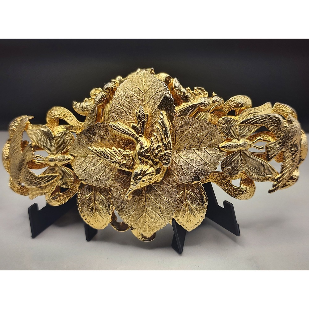 Vintage Gold Tone Nature Belt Buckle Bird Butterfly Leaf Ornate Statement 5.5"